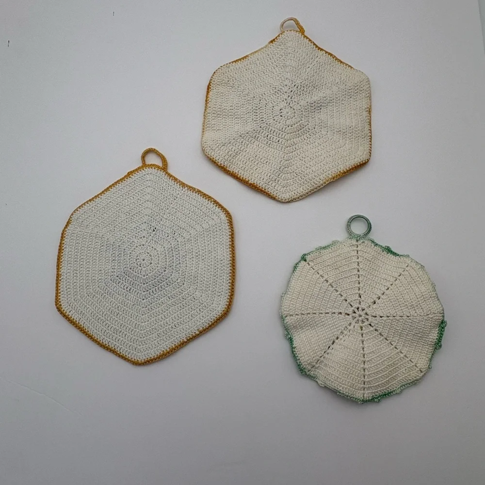Theee Vintage Handmade Crochet Floral Pot Holders